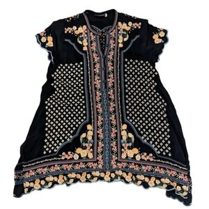 JOHNNY WAS Moji Blue Night Floral Embroidered Handkerchief Tunic Shirt Small